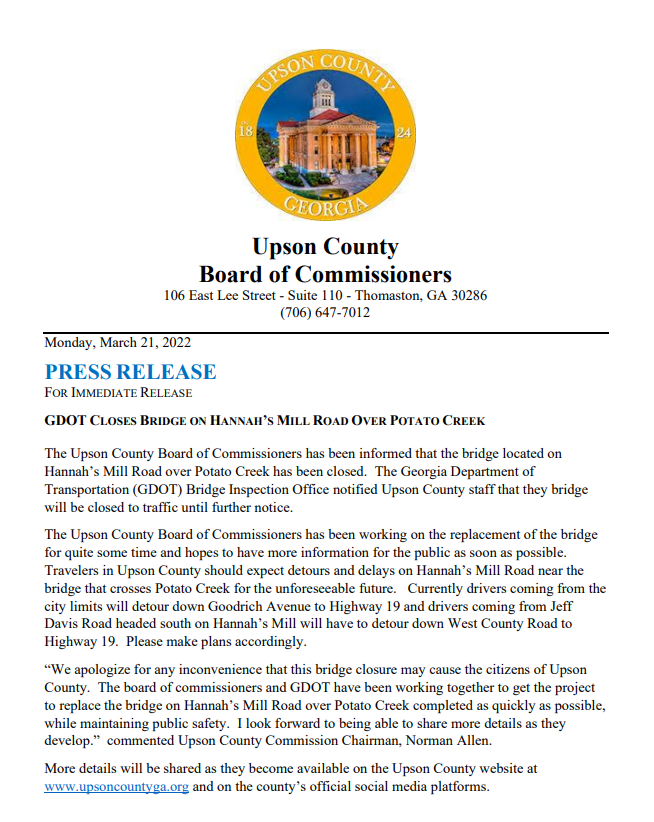 Bridge Closure 3-21-22